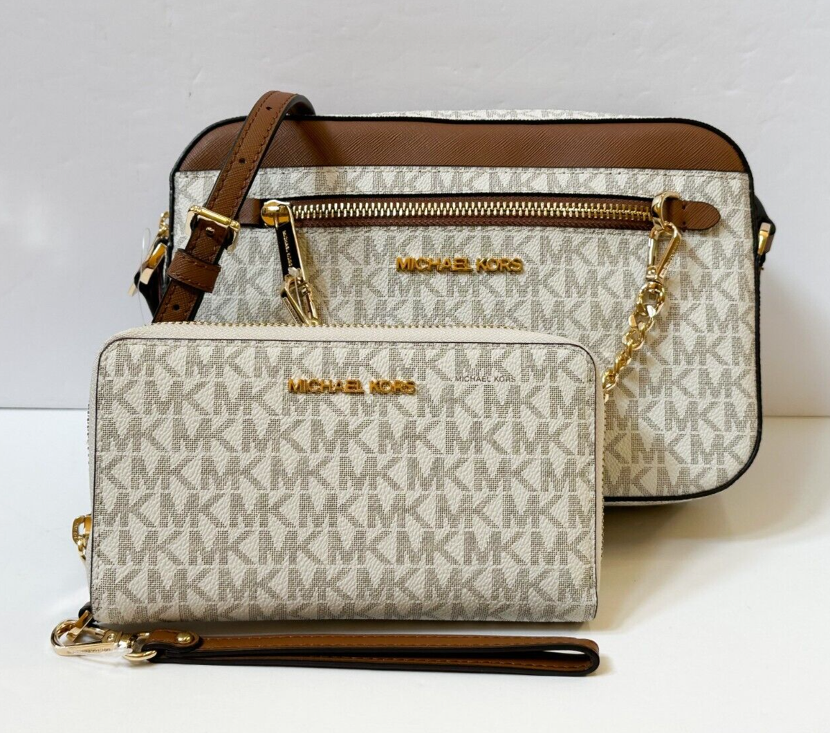 MICHAEL KORS JET SET ITEM CHAIN CROSSBODY BAG PHONE WALLET MK VANILLA  BROWN