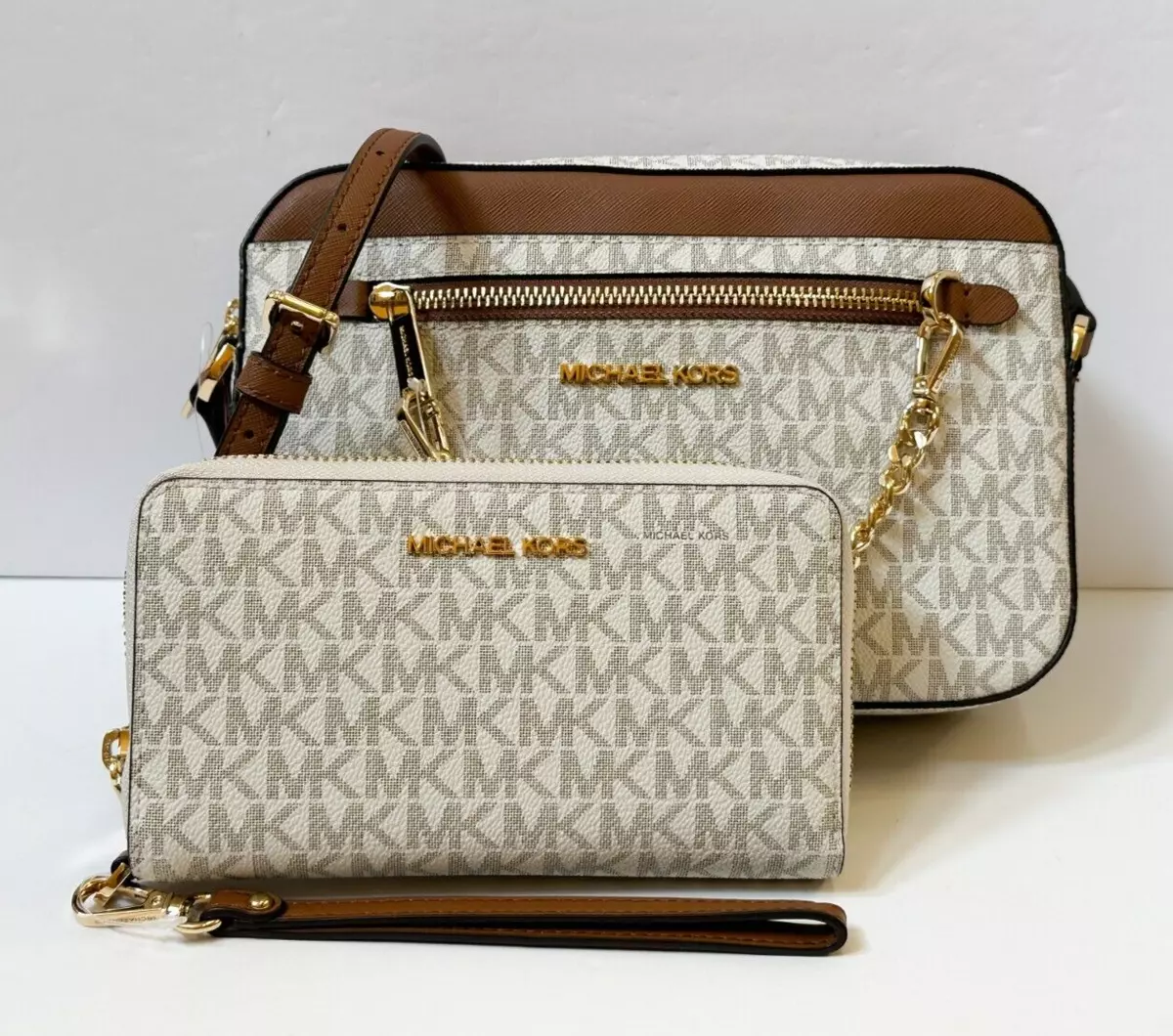 MICHAEL KORS JET SET ITEM CHAIN CROSSBODY BAG + PHONE WALLET MK VANILLA  BROWN