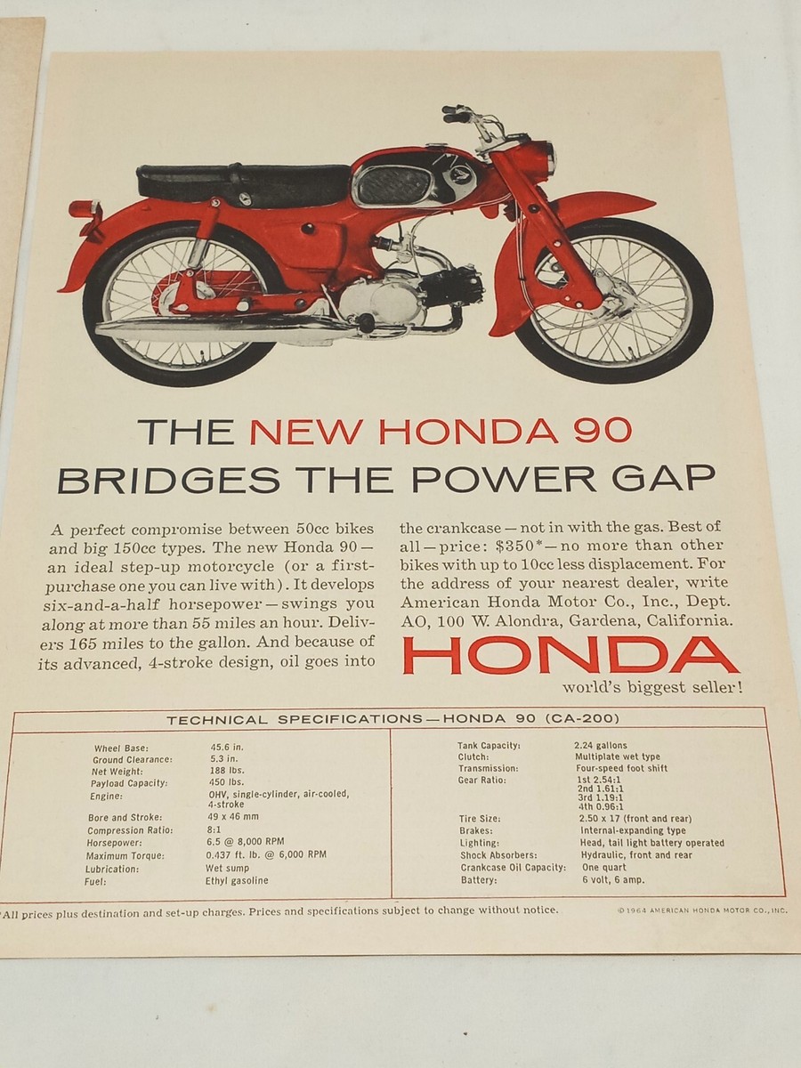 2 Vintage 1963 1964 HONDA 90 CA-200 MOTORCYCLE ADS Original Print