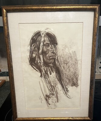 Ned Jacob Original Native American Art Sketch, Persimmon Hill Mag Cowboy Artist