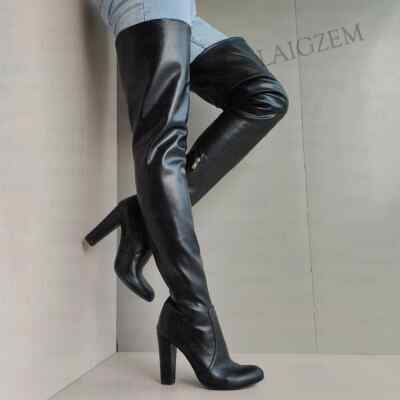 Women Over High Boots Zip Up Thick High Heels Boots Faux Leather Thigh ...