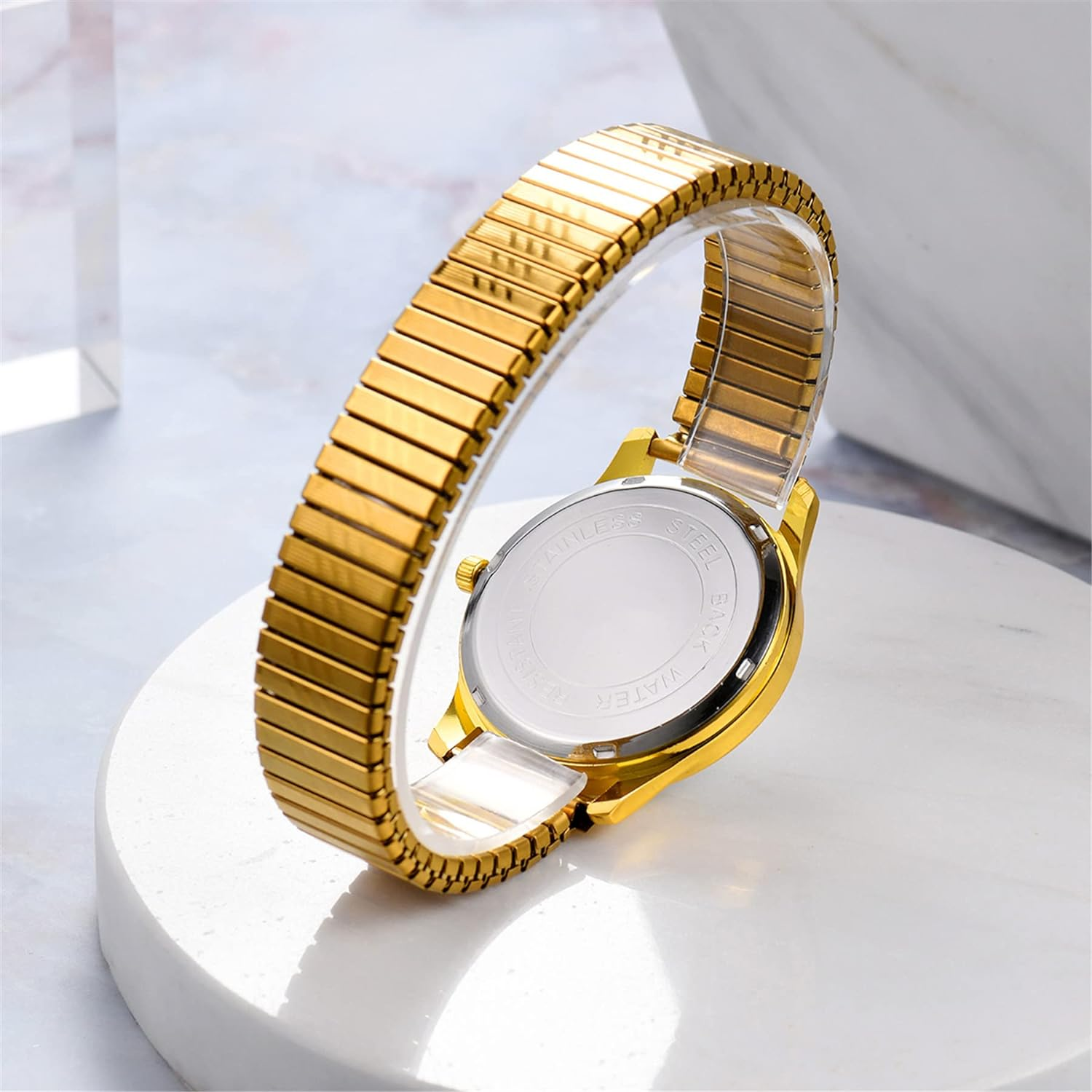 Womens Large Face Watch Women Gold Stretch Band White Dial Thin Watch
