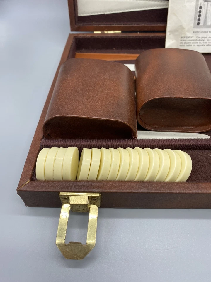 Vintage Cardinal Backgammon Set Brown Cream Bakelite? Chips Padded Case COMPLETE - Image 2 of 4