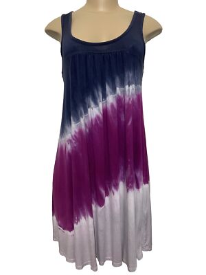 Three Dots Tie Dye Summer Dress Round Neck Ruffle Navy/White purple/Gray Size S.