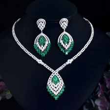 Silver Plated CZ Drop Green Chandelier Earrings and Wedding Necklace Jewelry Set