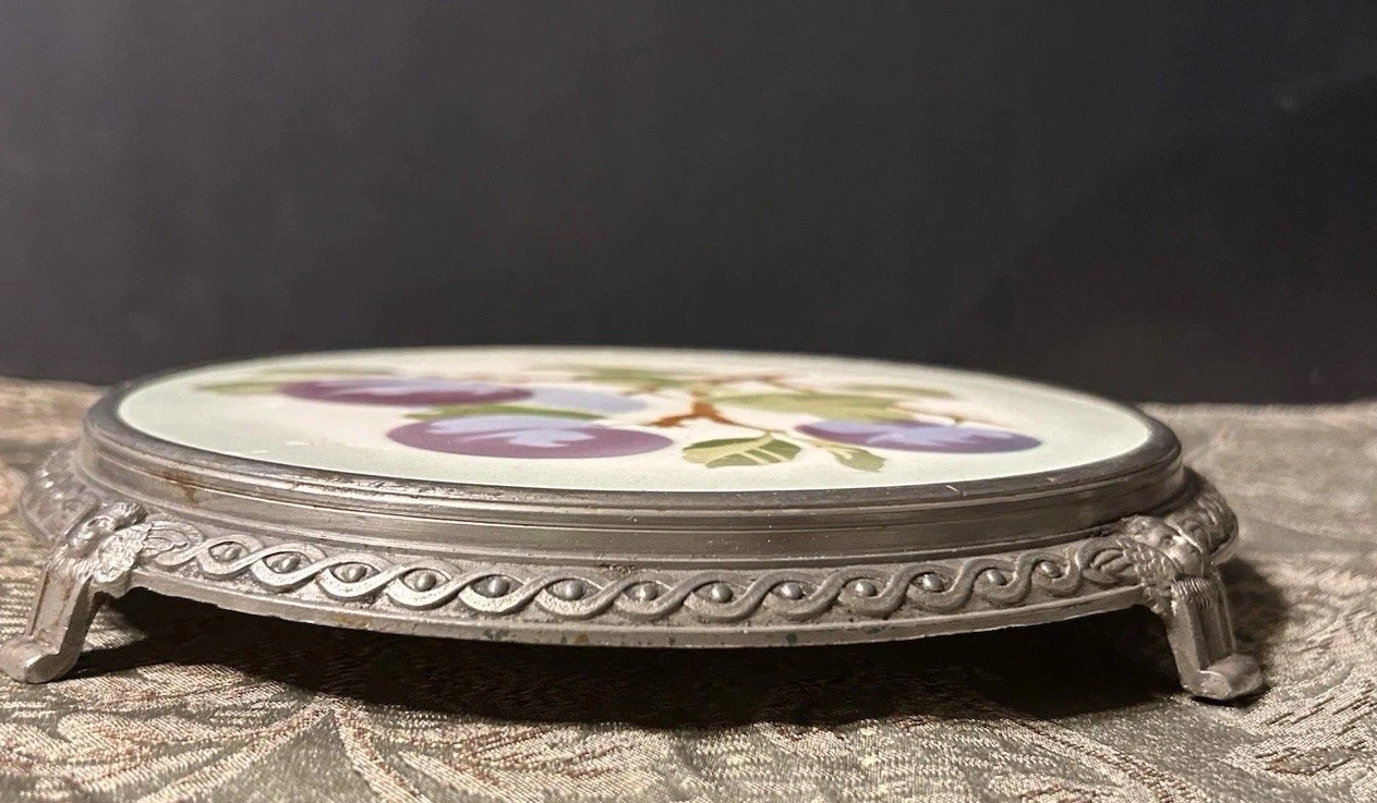 antique Tea Pot Holder Art Nouveau porcelain and metal footed trivet/ Hot Plate image 10