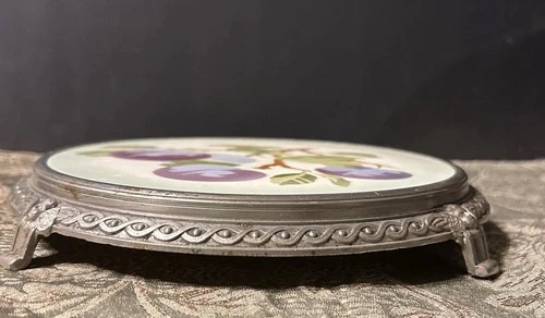 antique Tea Pot Holder Art Nouveau porcelain and metal footed trivet/ Hot Plate image 10