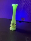 Vtg Fenton Custard Satin Glass Bud Vase Hand Painted Pink Blossom Signed Uranium
