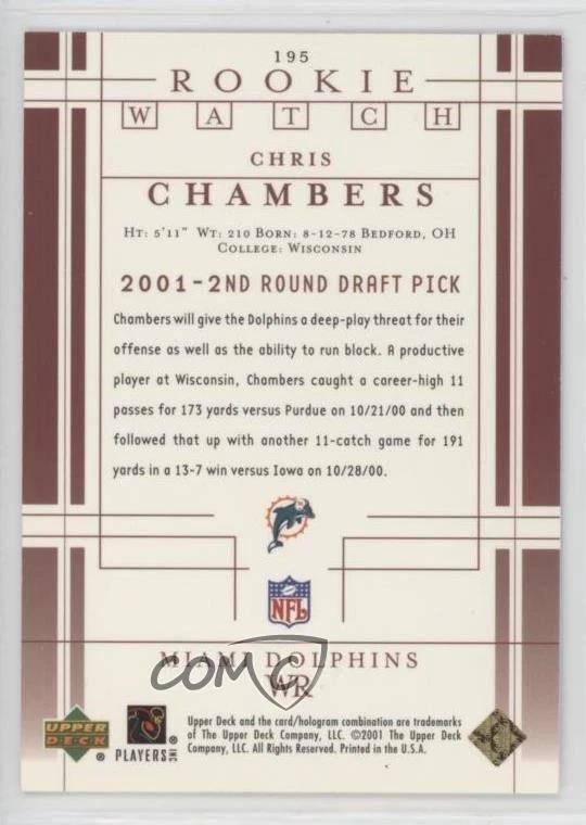 2001 Upper Deck Rookie Watch Gold /50 Chris Chambers #195 Rookie RC - Image 2 of 2