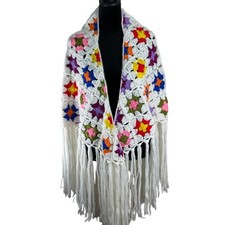 Vintage Fitco Crochet Shawl White Multicolor Granny Squares Fringe Made in Korea