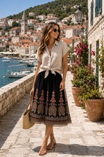 Boho Embroidered Mesh Midi Skirt European Vacation Mediterranean Cottagecore
