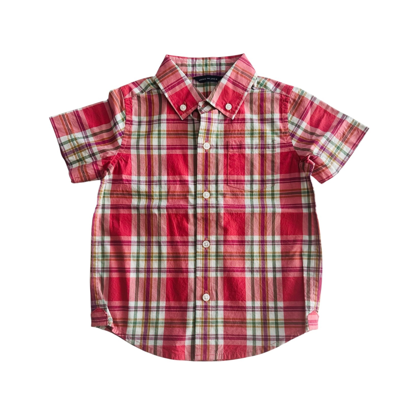 Janie and Jack Toddler's Size 2T Plaid Button Up Short Sleeve Red Shirt NEW