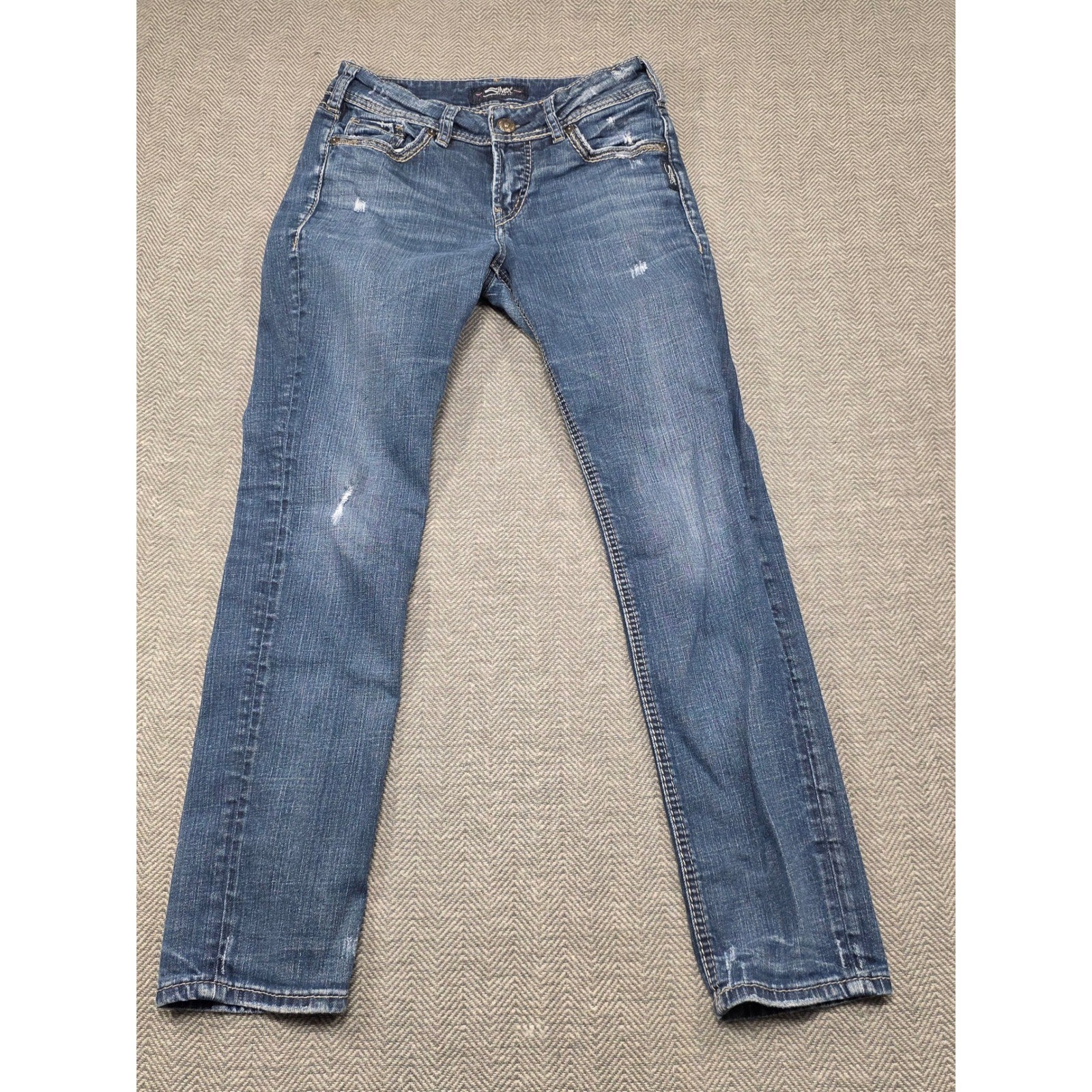 Silver Jeans Co SUKI Ankle Slim Mid Rise Distressed Blue Denim Jeans W27 L27