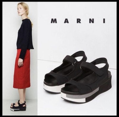 Marni Straps Color-Blocked Neoprene Platform Sandals Black/Gray Size 38/7 Women