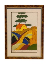 Vintage Clarice Cliff Style Original Watercolour Signed Art Deco Landscape