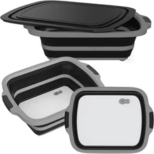 2-Pack XL Collapsible BBQ Prep Tub with Built-In Cutting Board, Lid & Strainer 