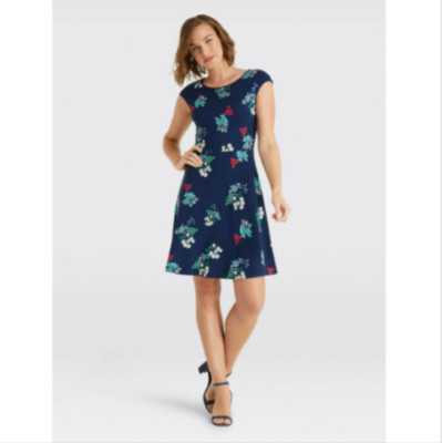 Draper James Navy Blue Red Floral Ponte Knit Fit Flare Dress L