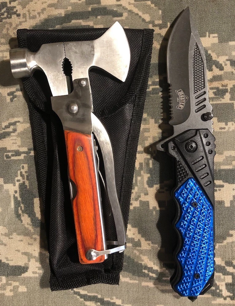Multi Tool Hatchet  Hammer  Saw  Pliers File  Case + Tactical Pocket Knife - cr