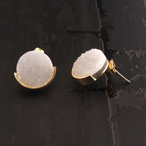 Authentic Round Shape Natural White Sugar Druzy Gold Plated Handmade Stud Earrings Jewelry