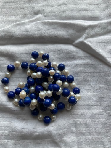Vintage knotted Lapis Pearl Beaded Necklace Chain 31” Long - Picture 3 of 3