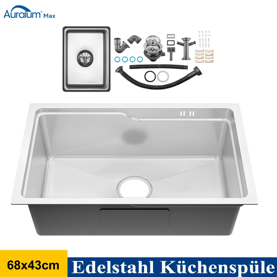 AURALUM MAX Einbauspüle Küchenspüle Rechteck Spülbecken mit Abtropfkorb 68x43cm Edelstahl