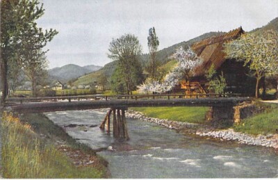 Location unknown, Postcard Black Forest? Bridge River Coloured Map Photo Circa 1920