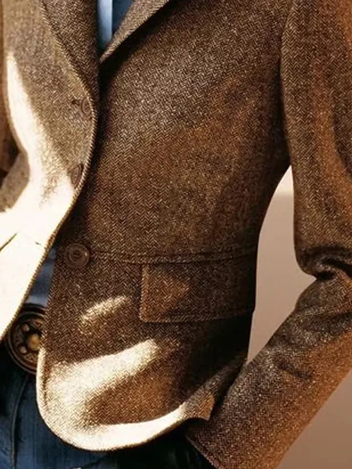 New Women Brown Vintage Herringbone Jacket Three Buttons Office Working Blazers - Image 4 of 4
