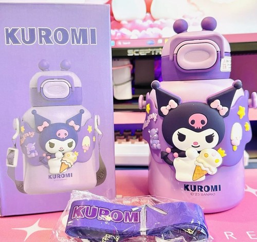 Kuromi Water Bottle Thermos Sanrio Purple 16oz Insulated 480ml Steel W Strap