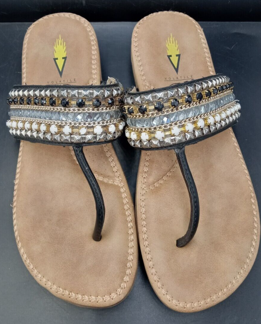 Volatile women's sandals flip flop sz w silver black gold white  rhinestones