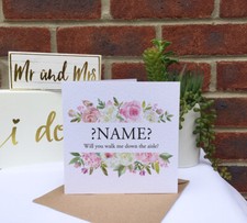 PERSONALISED Will you walk me down the aisle pink white ROSES frame wedding card