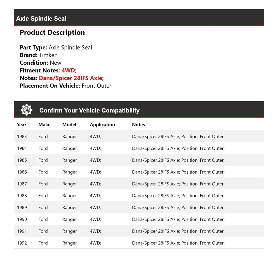 Para Ford Ranger 1983-1992 4x4 eje husillo sello delantero exterior Timken 1984 1985 Foto 2 de 4