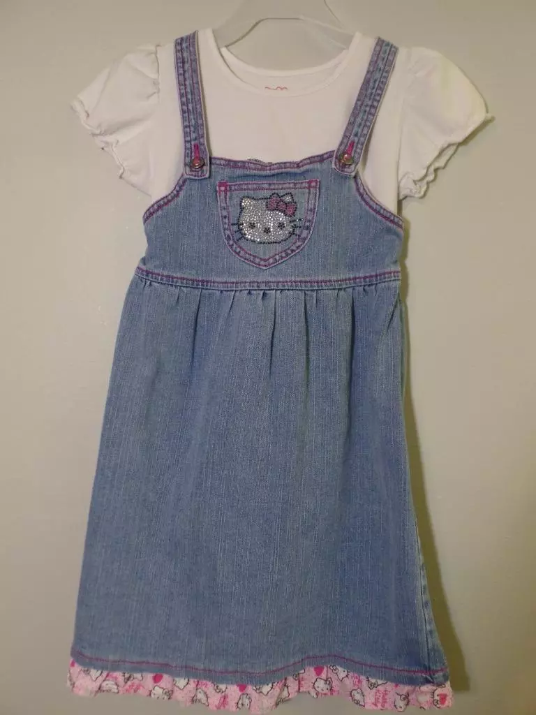 Girl s Sparkly HELLO KITTY Blue Denim Jumper Dress w Attached