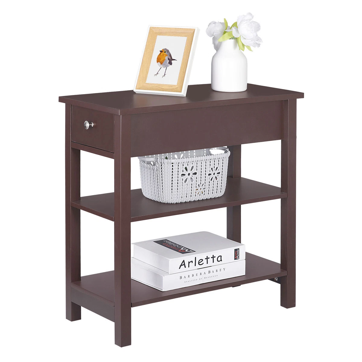 24 Narrow Side Table Slim End Table with Drawer and Shelves for