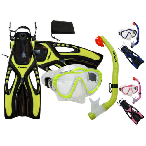 PROMATE Junior Snorkeling Scuba Diving PURGE Mask DRY Snorkel Fins w/ Mesh Bag  - Picture 1 of 4