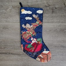 VTG Needlepoint Christmas Stocking Santa  s Flight Reindeer Rooftops Velvet Back