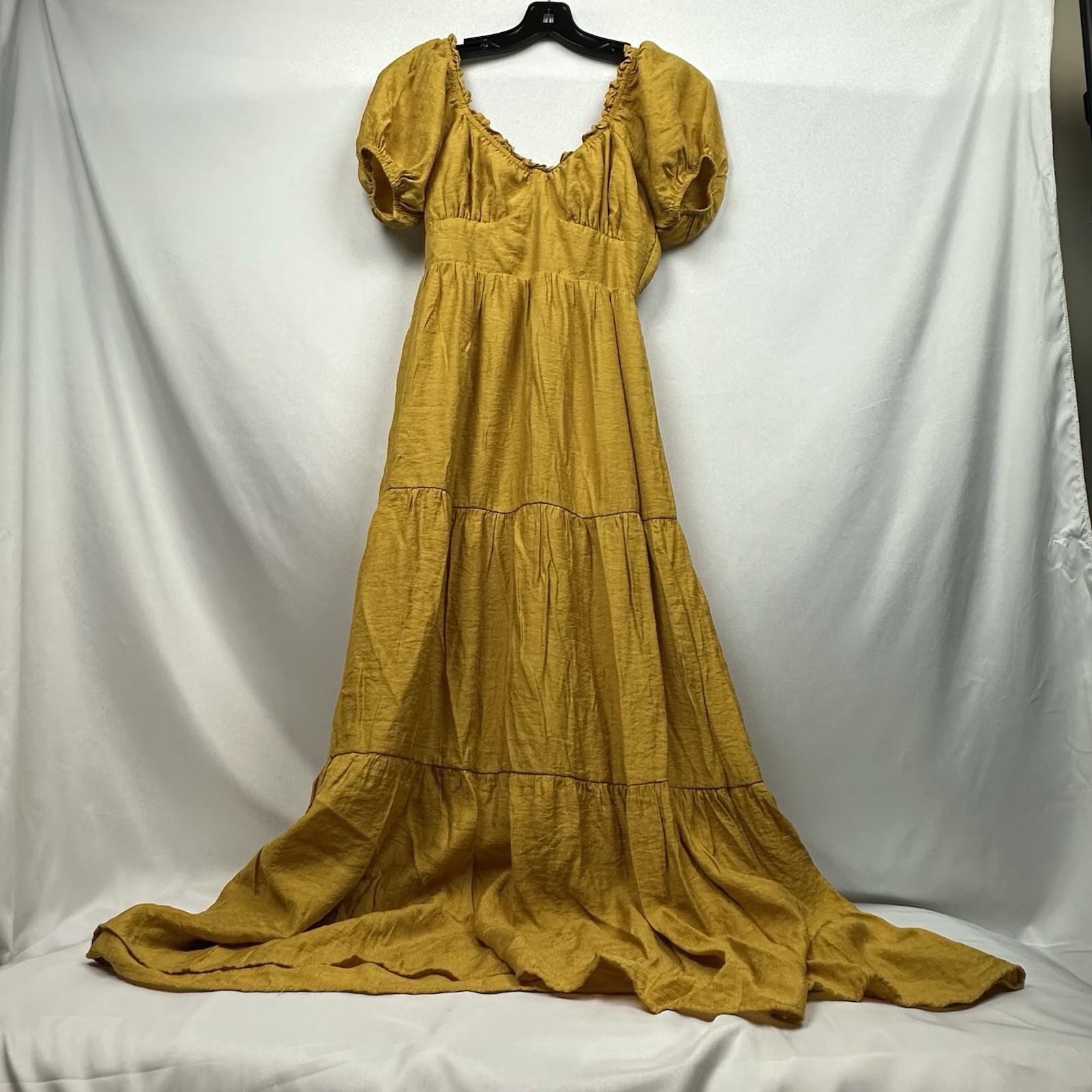 Maxi Dress Yellow Tiered Ruffle Low Cut Back Sz M Cottagecore Peasant Boho-image