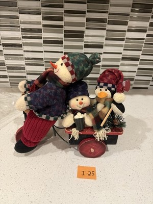 Snowman & Penguin family of three on wooden Bicycle cart , Christmas winter