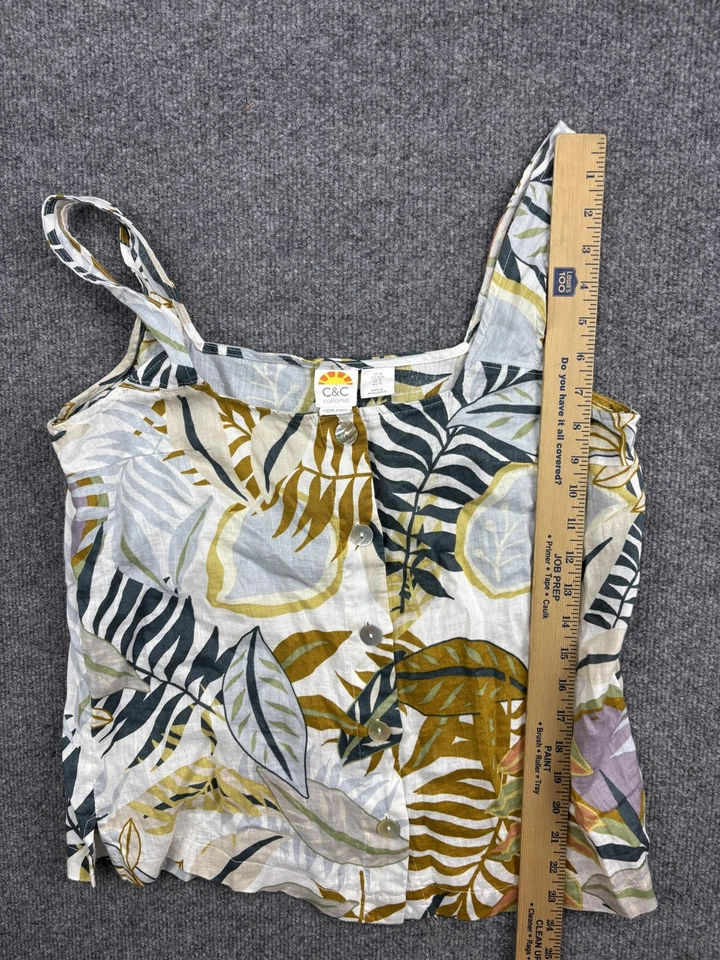 Camiseta sin mangas C&C California para mujer mediana multicolor lino botón delantero tropical Foto 4 de 4