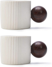 Ceramic Mini Espresso Cups Demitasse Cups With Round Wooden Handle Vertical Stri