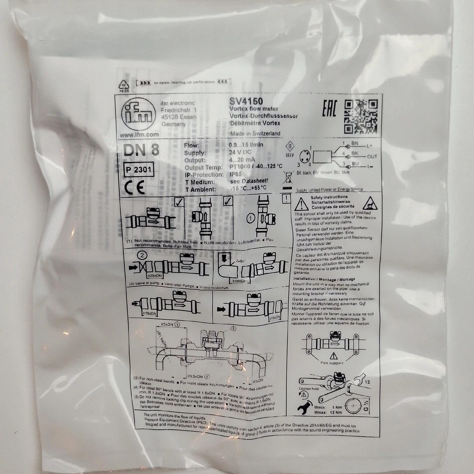IFM SV4150 Vortex Flow Meter DN8 G1/2 0.9–15 L/min 4–20 mA 8–33 V DC IP65 - Image 3 of 4