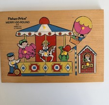 Vintage Fisher-Price Merry-Go-Round Wooden Puzzle w/Peg Lift 514 12 Pieces 1972