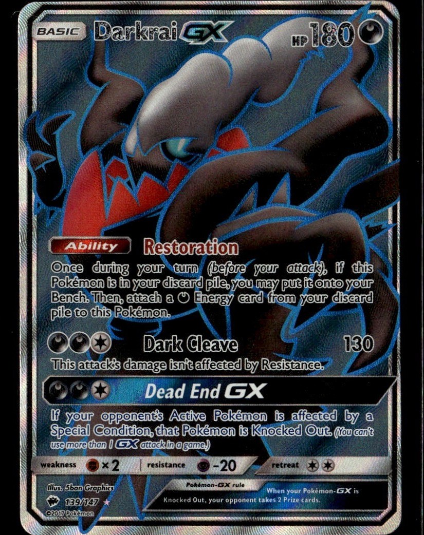 Darkrai GX Full Art Ultra Rare SM Burning Shadows 139/147 Darkness Holofoil Poke