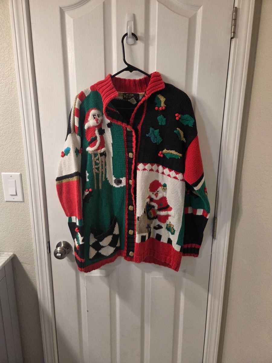 Vintage Lisa Nichols Ugly Christmas Sweater Cardigan Sz 1 (XL) Red Cotton #S209