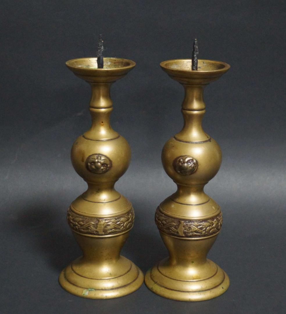 Bronze 7.7 in Holder Candle Pair Japanese Vintage Candlestick Buddhism Altar