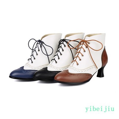 Women Mid Kitten Heel Colorblock Ankle Boots Wing Tip Two Tone Leather Shoes NEW