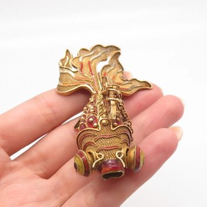 Authentic 925 Sterling Silver Gold Plated Antique Enamel Chinese Koi Fish Chatelaine Fob