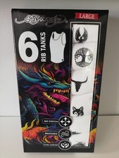 ED HARDY 6 Pack Rib Tanks A Shirt Men's Large White Cotton Stretch Prints New.