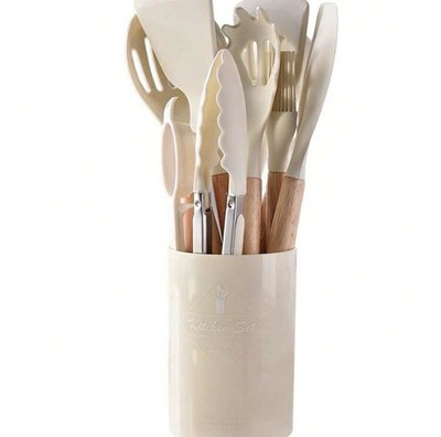 Meoky 12pcs Wooden Handle Silicone Kitchen Utensil Set, Heat Resistant Non-Stick
