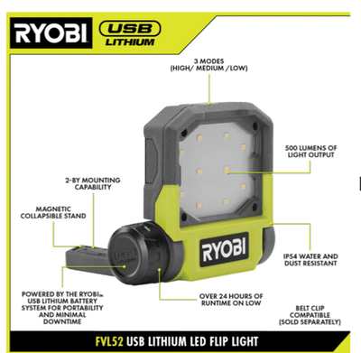 #ad RYOBI USB LITHIUM LED Pivoting Flip Light FVL52 * * BARE TOOL * * $19.95