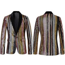 Men Formal Striped Sequin Jacket Suit Blazer Coat Showman Costume Stage Party